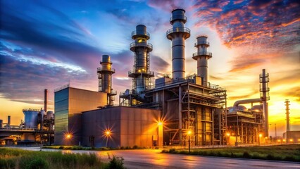 Fototapeta premium Illuminated Industrial Complex at Sunset A Majestic View of Modern Manufacturing Structures