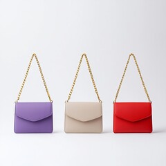 Stylish handbags in purple, beige, and red with elegant chain straps.