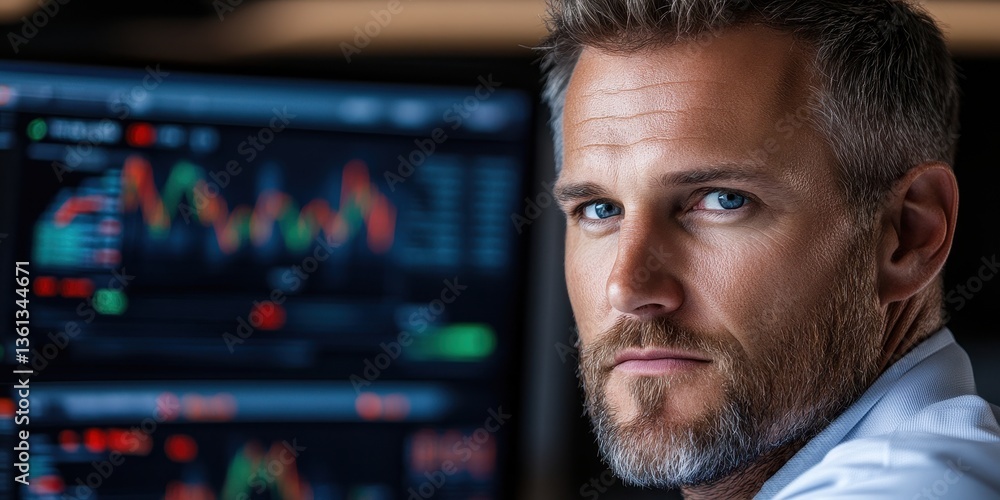 Poster close-up of a focused professional analyzing financial data trends on computer displays for informed