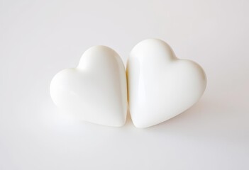 Two pristine white hearts nestled together on a clean background, gentle, connection