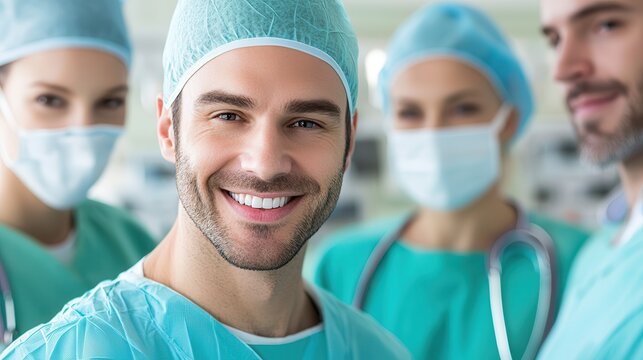 Technology doctor data security solutions. Smiling medical professionals in scrubs and masks in a hospital setting.