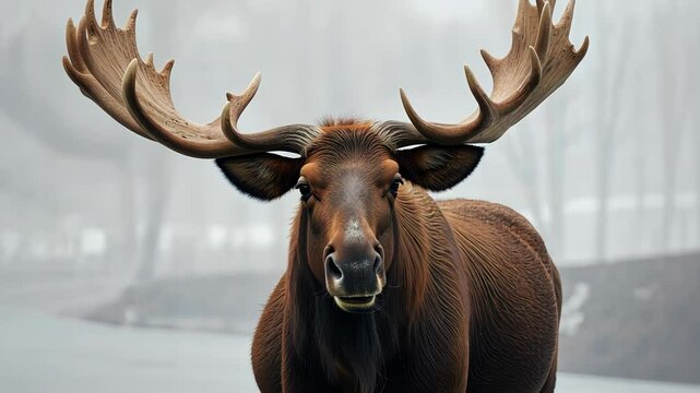 Majestic moose standing in misty landscape by the water  