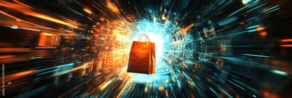 Poster grocery bag teleporting through a futuristic sci-fi portal with bright glowing lights and high-energ