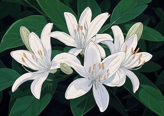 Delicate white flowers with green leaves in a floral arrangement