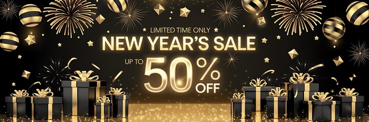 Luxurious New Year’s Sale scene with a dark elegant background, golden fireworks, sparkling confetti, and a bold 50 percent off discount message in glowing text for a festive holiday promotion