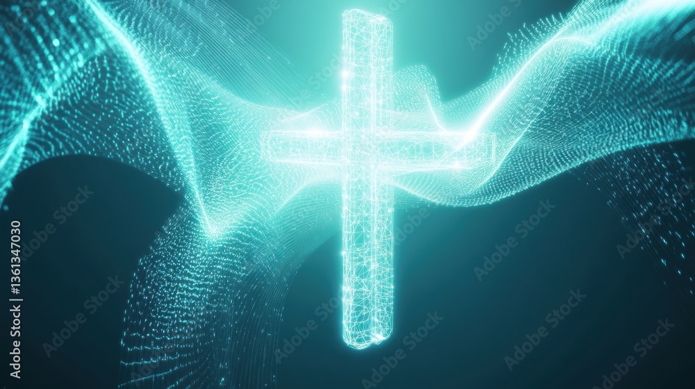 Poster Futuristic blue and white gradient abstract design with glowing waveforms forming a medical cross symbol Generative AI
