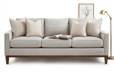 Modern Beige Sofa with Decorative Pillows and Stylish Lamp