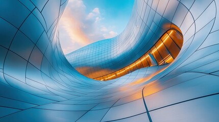 Modern architectural design, with flowing, curved forms, showcasing a vibrant sky and warm light illuminating interior spaces.