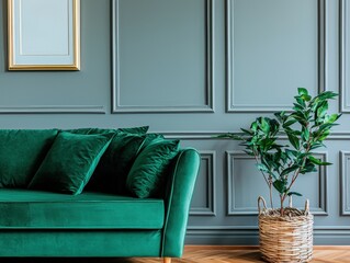 Obraz premium Elegant Green Sofa Against Textured Gray Wall with Potted Plant