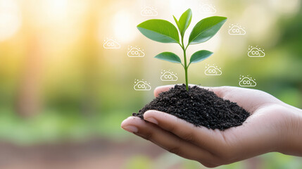 hand holds soil with small plant symbolizing net zero decarbonization efforts for sustainable future