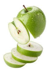 Green apple sliced floating isolated on transparent background
