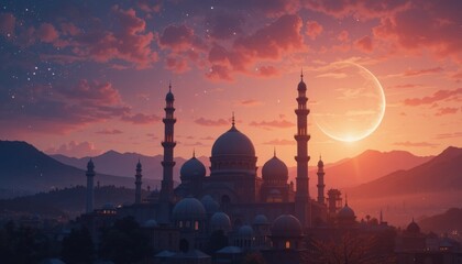 mosque at sunset mosque eid Mubarak greeting card background