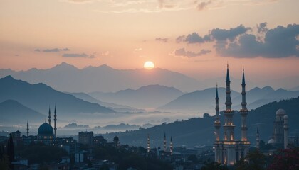 Naklejka premium sunset over the mountains mosque eid Mubarak greeting card background