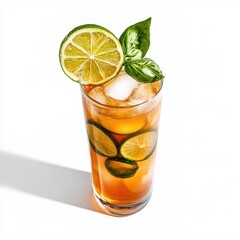 Fototapeta premium Refreshing summer kombucha cocktail served in a tall glass, perfect for warm days and outdoor gatherings.