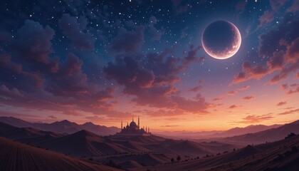 sunrise over the mountains mosque eid Mubarak greeting card background