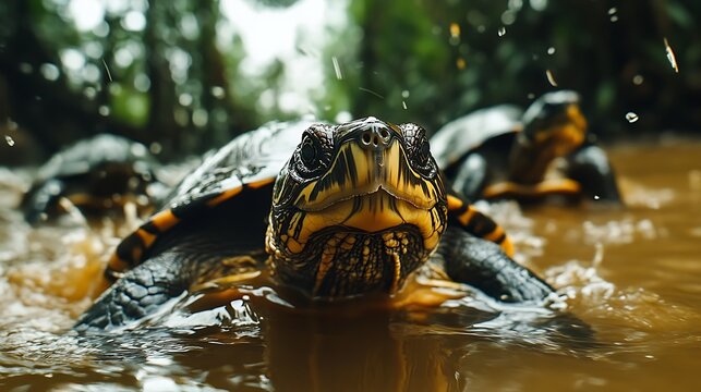 A close up view of a turtle swimming in water