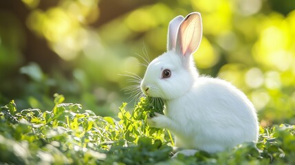 Delicate Bunny in Sunlight: A pristine white bunny delicately nibbles on lush greenery, basking in the warmth of the sunlight. A gentle, inviting scene.