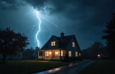 Lightning strikes illuminate house night storm. Dramatic weather scene, blue sky, rain. hits near residential building. Danger, electricity flash, dark energy.