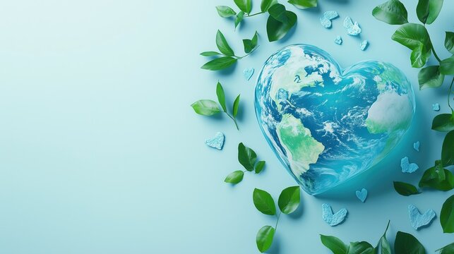 World Earth Day Concept with Heart-Shaped Globe on White Background: Blue Themed Banner with Copy Space