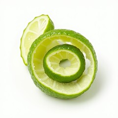 Fresh lime fruit peel isolated on a white background. Curly lime twist, selective focus
