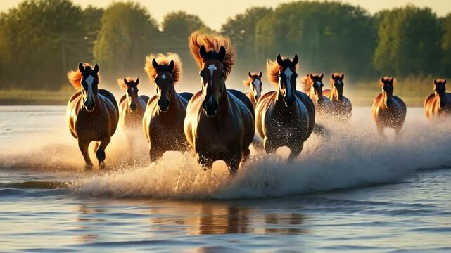 Golden Horses in the River: A majestic herd of wild horses gallops through a shimmering river, their muscular forms and flowing manes highlighted by the warm glow of the sun.