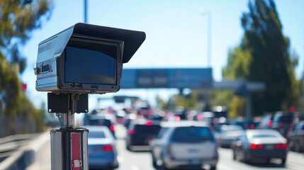 Traffic Camera Monitoring Busy Urban Highway with Line of Cars and Clear Blue Sky in Background