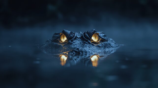 Nighttime Encounter: Alligator Eyes Glowing in Dark Waters
