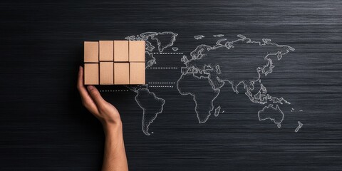 A hand holding a cube over a sketched world map symbolizes global trade, logistics, and interconnectedness in modern commerce.