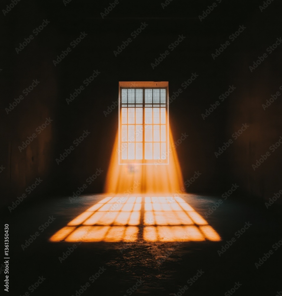 Poster sunlight streaming through window creating shadows on dark floor