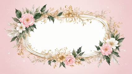 Elegant floral frame with pink flowers and gold accents on a soft pink background, decorative design concept