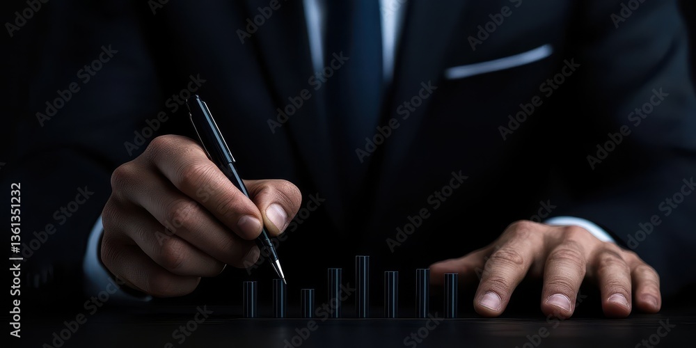 Poster a professional businessman analyzing data trends while taking notes, showcasing attention to detail 