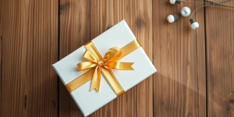 Fototapeta premium White gift box, gold ribbon, wood background, overhead shot, photography, background