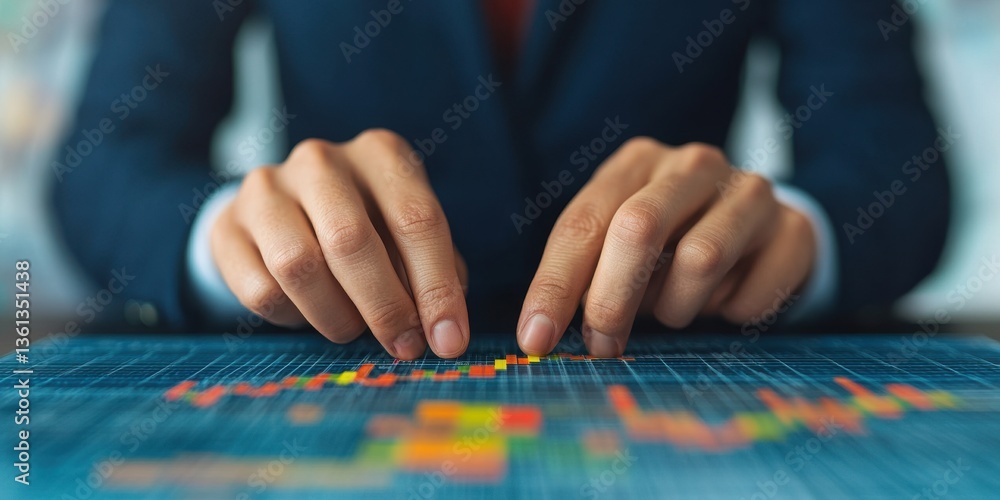 Poster a business professional analyzing data on a digital interface, highlighting critical insights with a