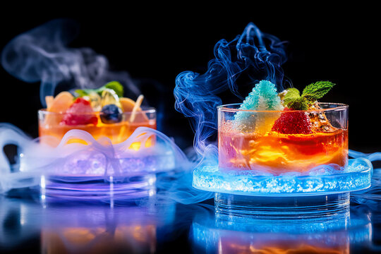 Luxurious molecular dessert with glowing edible crystals, futuristic plating, dramatic lighting, cinematic elegance, modern food art, and refined gourmet presentation