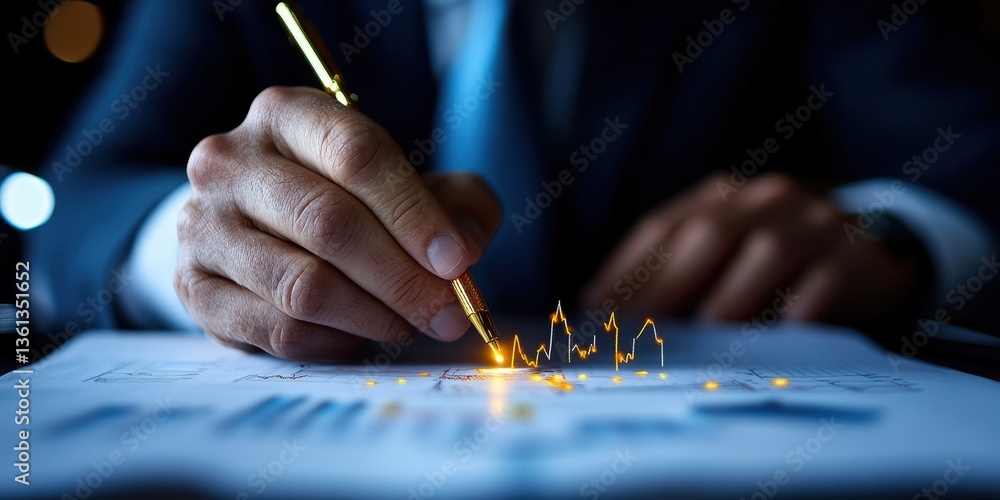 Poster economist’s hands highlighting key points in a global economic context with data visualizations
