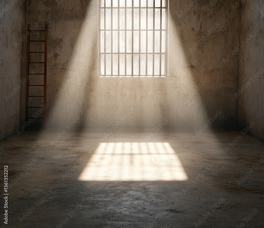 Poster light streaming through bars in an empty concrete room