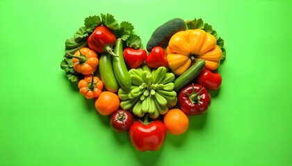A heart-shaped arrangement of fresh vegetables placed on a vibrant green backdrop, perfect for world health day