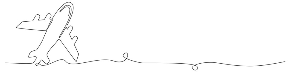 Editable one line drawing of an airplane flying with a continuous stroke. Simple vector illustration in black and white, perfect for travel, aviation, and design projects. Editable and scalable.
