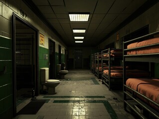 Dark and Eerie Hallway with Bunk Beds in an Abandoned Facility