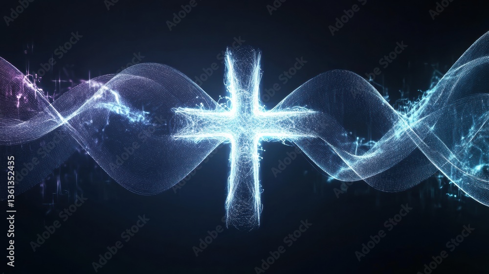 Poster Futuristic design featuring glowing waveforms merging into a cross-shaped medical symbol in a blue and white gradient Generative AI