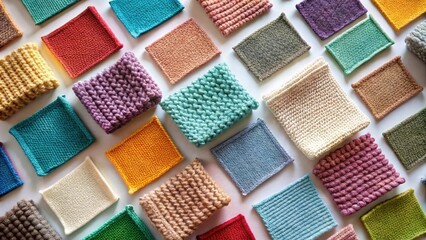 Fototapeta premium A Collection of Hand-Knitted Textile Samples in Diverse Colors and Textures, Ideal for Interior Design Projects and Fashion Applications