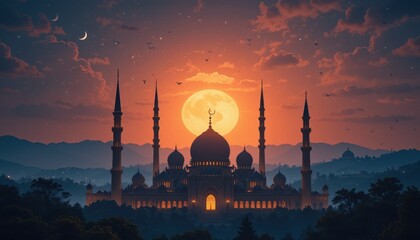 mosque at sunset mosque eid Mubarak greeting card background