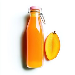 A vibrant bottle of mango-flavored kombucha with a fresh slice of mango beside it, perfect for summer refreshment.