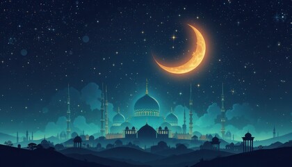 Naklejka premium starry night sky mosque eid Mubarak greeting card background