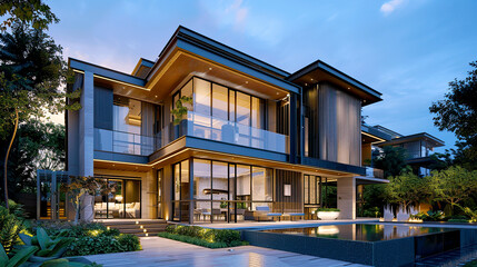 Modern luxury home with glass walls, lush garden, and pool, showcasing contemporary architecture at dusk with warm interior lighting.