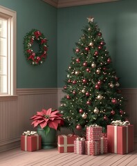 Cozy Christmas Scene with Tree, Gifts, and Holiday Decor Elements
