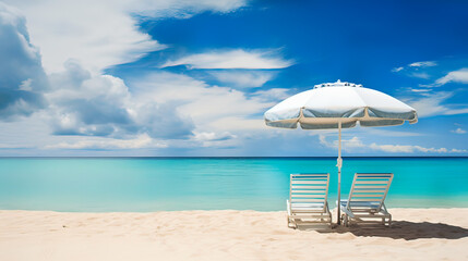 Obraz premium sunbeds with white umbrella front turquoise and clear sea with sand on beach under blue sky white cloud on summer vacation holiday