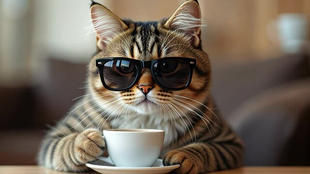 Stylish cat wearing sunglasses enjoying coffee at home  