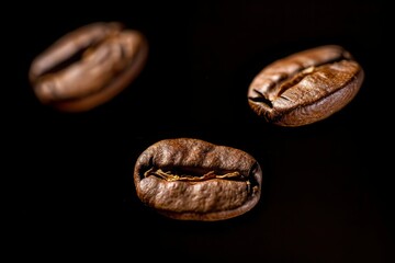 Floating Coffee Beans in Air Isolated on Dark Background