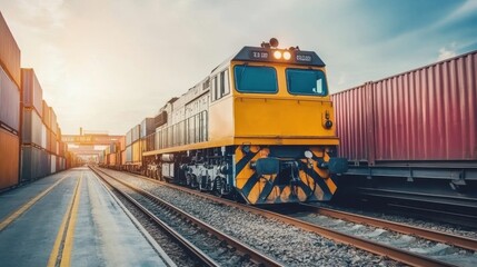 Fototapeta premium Bright Yellow Cargo Train Arriving at Container Yard with Colorful Shipping Containers and Sunset Sky